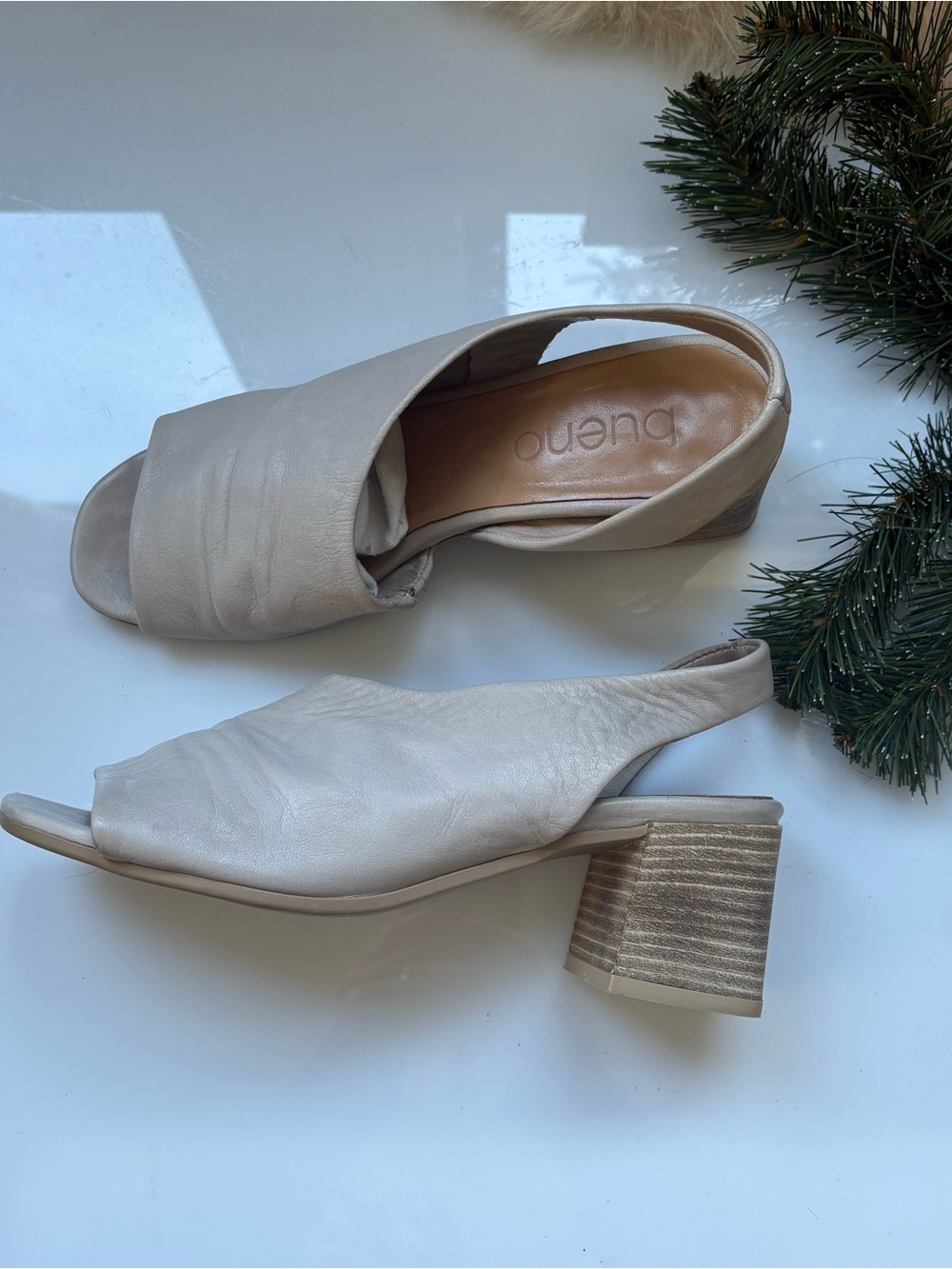 Bueno Taupe Open-Toe Slingback Block Heel Sandals
